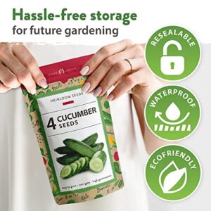 4 Cucumber Seeds Variety Pack - Cucumber Seeds for Planting - National Pickling, Beit Alpha, Armenian Pale Green, & Lemon Cucumbers to Plant Outdoors in Your Vegetable Garden