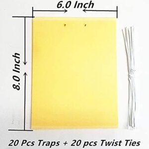 20 Count Dual Yellow Sticky Traps 8 X 6 Inch Set for Flying Plant Insect Like Fungus Gnats, Aphids, Whiteflies, Leafminers -Included 20pcs Twist Ties