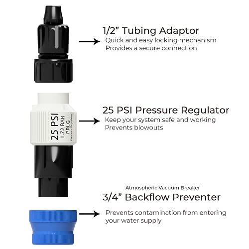 Drip Irrigation Parts Kit - 25 PSI Water Pressure Regulator, Backflow Preventer and 1/2 inch Drip Irrigation Tubing Adapter. Complete Drip Irrigation System. Connects to Hose or Faucet.