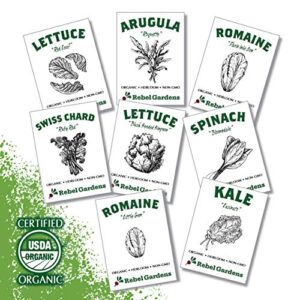 organic garden greens vegetable seeds – 8 varieties of heirloom, non-gmo salad green seeds – lettuce, arugula, swiss chard, kale, and spinach