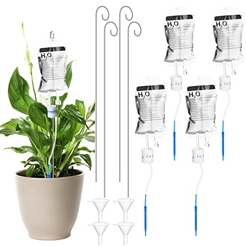 4 Pcs Plant Self Automatic Plant Watering System 350ml Plant Irrigation Drip Bag with Metal Support Rod Self Watering Devices Small Funnel for Indoor Outdoor Home Garden Potted Plants Flowers Watering