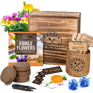 edible flowers indoor garden seed starter kit – non-gmo heirloom seeds for planting, soil, burlap pots, plant markers, trimmers, wood gift box, diy growing kits, home gardening gifts for plant lovers