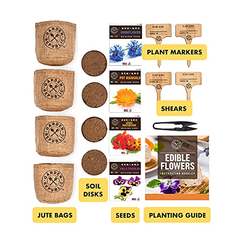 Edible Flowers Indoor Garden Seed Starter Kit - Non-GMO Heirloom Seeds for Planting, Soil, Burlap Pots, Plant Markers, Trimmers, Wood Gift Box, DIY Growing Kits, Home Gardening Gifts for Plant Lovers