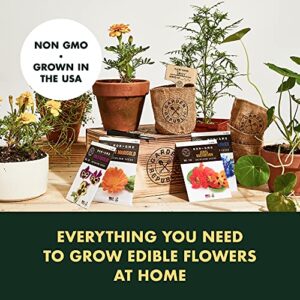 Edible Flowers Indoor Garden Seed Starter Kit - Non-GMO Heirloom Seeds for Planting, Soil, Burlap Pots, Plant Markers, Trimmers, Wood Gift Box, DIY Growing Kits, Home Gardening Gifts for Plant Lovers