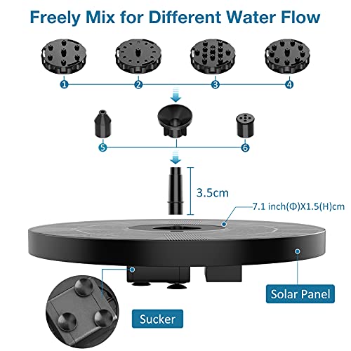 AISITIN 3.5W Solar Fountain, Solar Powered Fountain with 6 Nozzles, Solar Water Fountain for Bird Baths, Garden Decoration, Swimming Pool, Ponds, Fish Tank and Aquarium, Upgrade 7.1 inch Solar Panel