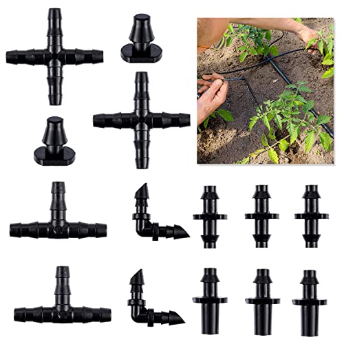 1/4in Drip Irrigation Fittings Kit, 280 Pcs Drip Irrigation Barbed Connectors, Tubing Drip System Parts for Garden Lawn Include Straight Barbs,Single Barbs,Tees,Elbows,End Plug,4-Way Coupling