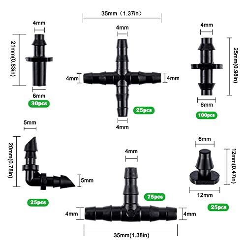 1/4in Drip Irrigation Fittings Kit, 280 Pcs Drip Irrigation Barbed Connectors, Tubing Drip System Parts for Garden Lawn Include Straight Barbs,Single Barbs,Tees,Elbows,End Plug,4-Way Coupling