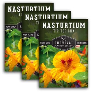 survival garden seeds – tip top mix nasturtium seeds – 3 packs with instructions to plant and grow edible flowers & companion plants in your home vegetable garden – non-gmo heirloom variety