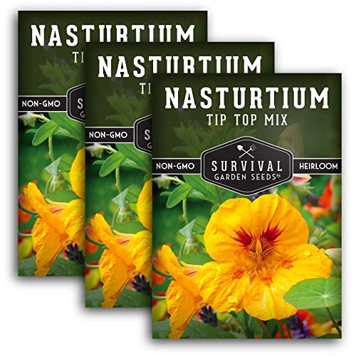 Survival Garden Seeds - Tip Top Mix Nasturtium Seeds - 3 Packs with Instructions to Plant and Grow Edible Flowers & Companion Plants in Your Home Vegetable Garden - Non-GMO Heirloom Variety