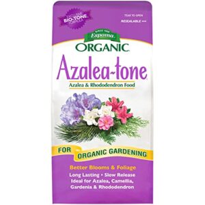 espoma organic azalea-tone 4-3-4 natural & organic fertilizer and plant food for all flowering evergreen shrubs. 4 lb. bag. use for planting & feeding to promote growth & blooming – pack of 2