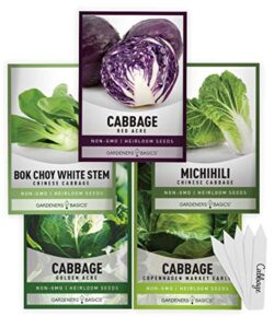 cabbage seeds for planting 5 individual packets bok choy, michihili (napa) chinese cabbage, red, golden acre and copenhagen market early for your non gmo heirloom vegetable garden by gardeners basics