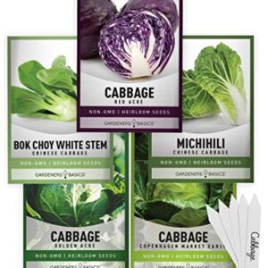 Cabbage Seeds for Planting 5 Individual Packets Bok Choy, Michihili (Napa) Chinese Cabbage, Red, Golden Acre and Copenhagen Market Early for Your Non GMO Heirloom Vegetable Garden by Gardeners Basics