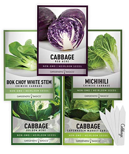 Cabbage Seeds for Planting 5 Individual Packets Bok Choy, Michihili (Napa) Chinese Cabbage, Red, Golden Acre and Copenhagen Market Early for Your Non GMO Heirloom Vegetable Garden by Gardeners Basics