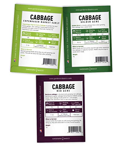 Cabbage Seeds for Planting 5 Individual Packets Bok Choy, Michihili (Napa) Chinese Cabbage, Red, Golden Acre and Copenhagen Market Early for Your Non GMO Heirloom Vegetable Garden by Gardeners Basics