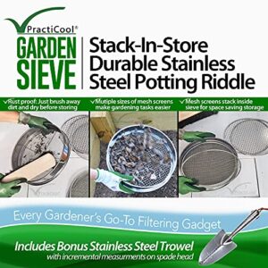 Practicool Garden Potting Mix Sieve - Stainless Steel Riddle - Soil sifting pan - with 4 Interchangeable Filter mesh Sizes - 3,6,9,12 mm and Bonus Spade