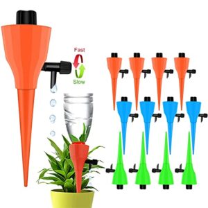 ozmi plant self watering spikes devices, 12 pack automatic irrigation equipment plant waterer with slow release control valve, adjustable water volume drip system for home and vacation plant watering