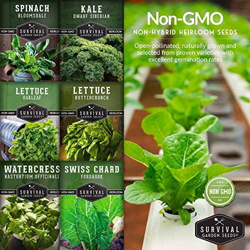 Hydroponics Vegetable Seed Collection for Planting - Watercress, Spinach, Siberian Kale, Swiss Chard, Buttercrunch, Oakleaf Lettuce Varieties to Grow Indoors Non-GMO Heirloom Survival Garden Seeds