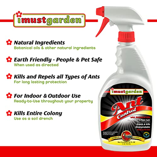 I Must Garden Ant Control - Kills & Repels - Pet & People Safe - Fast-Acting Natural Ant Repellent Spray for Indoor & Outdoor Use - 32oz Spray