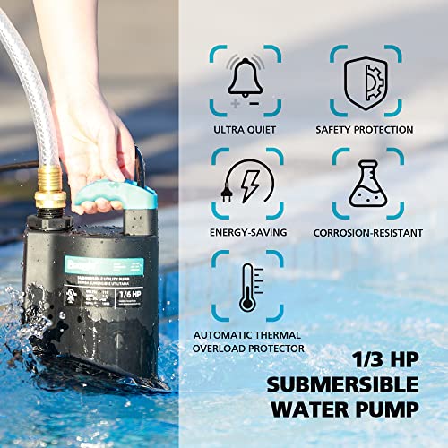 BOMGIE 1/3 HP Submersible Water Pump, 2250GPH Thermoplastic Sump Pump Portable Electric Utility Water Pump Removal for Pool Draining Basement Hot Tubs Garden Pool Cover Pond with 10ft Power Cord