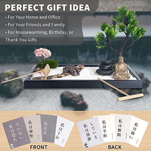 Mindful Gem Zen Garden for Desk, Positive Affirmations Cards, Bonsai Tree, Buddha Statue and Zen Garden Accessories - Home and Office Meditation Decor - Zen Gifts