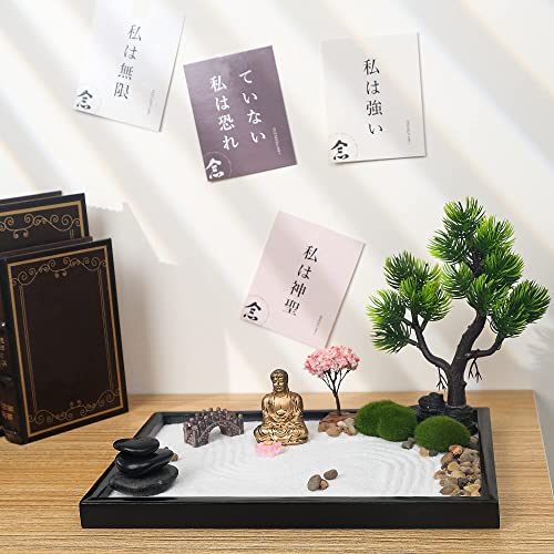 Mindful Gem Zen Garden for Desk, Positive Affirmations Cards, Bonsai Tree, Buddha Statue and Zen Garden Accessories - Home and Office Meditation Decor - Zen Gifts