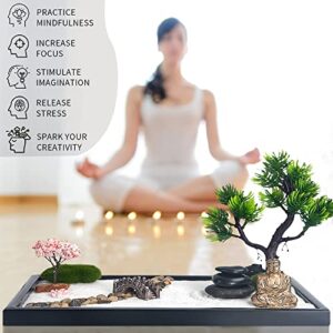 Mindful Gem Zen Garden for Desk, Positive Affirmations Cards, Bonsai Tree, Buddha Statue and Zen Garden Accessories - Home and Office Meditation Decor - Zen Gifts