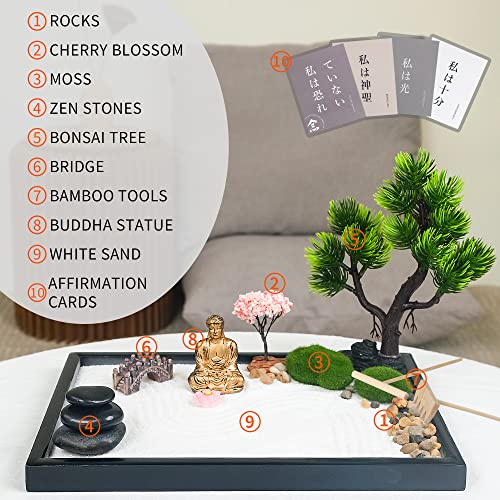 Mindful Gem Zen Garden for Desk, Positive Affirmations Cards, Bonsai Tree, Buddha Statue and Zen Garden Accessories - Home and Office Meditation Decor - Zen Gifts