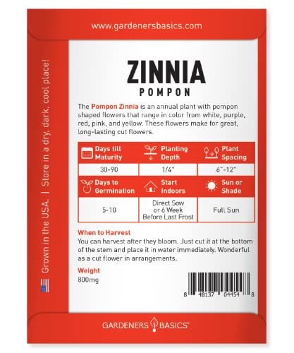 Zinnia Seeds for Planting Outdoors (Pompon) Flower Seed Packet Annual Flower Heirloom, Non-GMO Variety- 800mg Seeds Great for Summer Seeds for Flower Gardens by Gardeners Basics