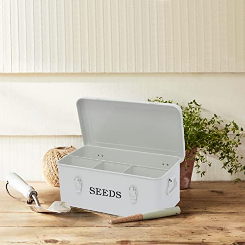 Xbopetda Seed Saving Box, Metal Seed Bin, Seed Storage Organizer Box, Seed Packet Container with Lid, Seed Envelope Storage Box, 4 Compartments Garden Seed Bin with Safety Locks-White