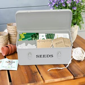 Xbopetda Seed Saving Box, Metal Seed Bin, Seed Storage Organizer Box, Seed Packet Container with Lid, Seed Envelope Storage Box, 4 Compartments Garden Seed Bin with Safety Locks-White