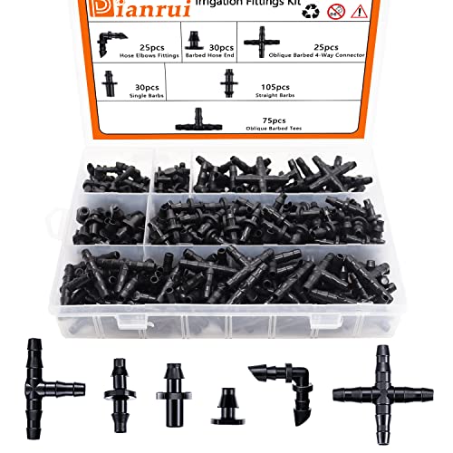 Dianrui 290PCS Drip Irrigation Fittings Kit, Barbed Connectors Parts 1/4'' Barbed Connectors Irrigation Fittings Kit for Garden Lawn Flower Pot Sprinkler Systems K1-042-set