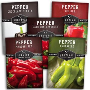 survival garden seeds sweet pepper collection seed vault – non-gmo heirloom seeds for planting – california wonder bell, marconi red, cubanelle, chocolate beauty, and big red peppers
