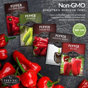 Survival Garden Seeds Sweet Pepper Collection Seed Vault - Non-GMO Heirloom Seeds for Planting - California Wonder Bell, Marconi Red, Cubanelle, Chocolate Beauty, and Big Red Peppers