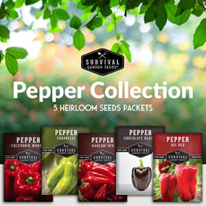 Survival Garden Seeds Sweet Pepper Collection Seed Vault - Non-GMO Heirloom Seeds for Planting - California Wonder Bell, Marconi Red, Cubanelle, Chocolate Beauty, and Big Red Peppers