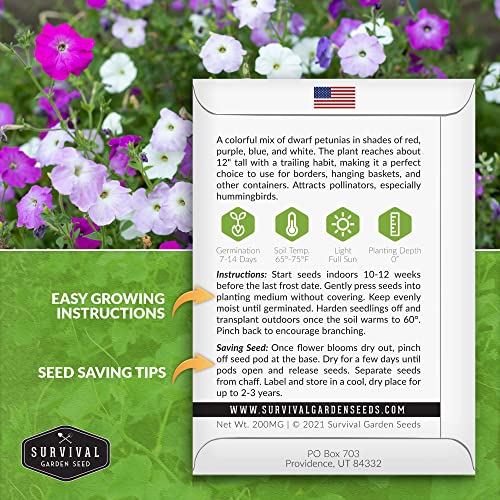 Survival Garden Seeds - Dwarf Petunia Seed Mix for Planting - 5 Packs with Instructions to Plant and Grow Colorful Flowers to Attract Pollinators to Your Home Garden - Non-GMO Heirloom Variety