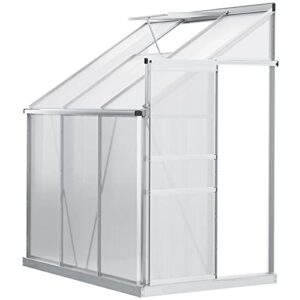 Outsunny 6' x 4' Aluminum Lean-to Greenhouse Polycarbonate Walk-in Garden Greenhouse with Adjustable Roof Vent, Rain Gutter and Sliding Door for Winter, Clear