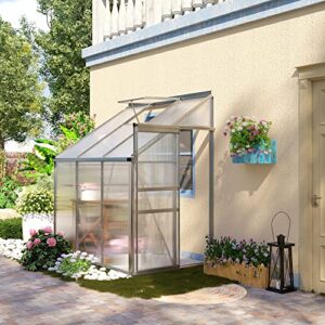 Outsunny 6' x 4' Aluminum Lean-to Greenhouse Polycarbonate Walk-in Garden Greenhouse with Adjustable Roof Vent, Rain Gutter and Sliding Door for Winter, Clear