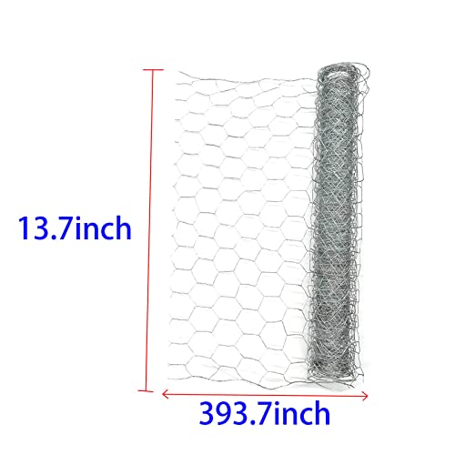 Qlvily Chicken Wire 13.7" x 393.7" Poultry Wire Netting, Hexagonal Galvanized Mesh Garden Fence Barrier, Pet/Rabbit/Chicken Wire Fencing, with 100 PCS Cable Zip Ties