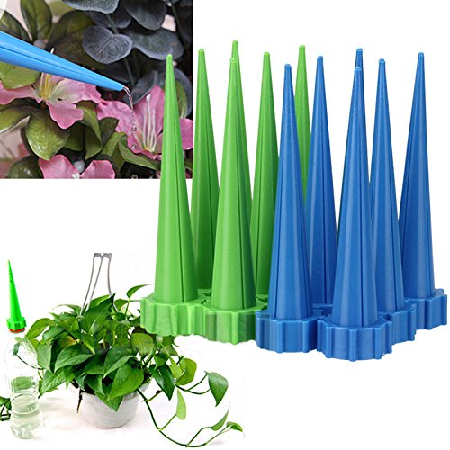 JTW- Lot of 12 Pcs Get Straight to The Root - Automatic Garden Cone Watering Spike Plant Flower Waterers Bottle Irrigation Plastic (L13 cm,dai 3cm) Green Blue Color