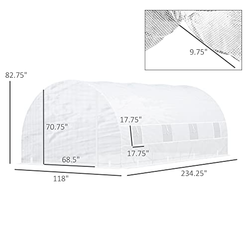 Outsunny 234.25" x 118" x 82.75" Walk-in Tunnel Greenhouse Garden Warm House Large Hot House Kit with 8 Roll-up Windows & Roll Up Door, Steel Frame, White