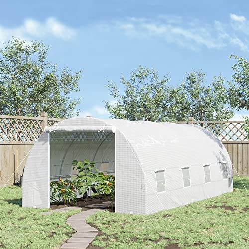 Outsunny 234.25" x 118" x 82.75" Walk-in Tunnel Greenhouse Garden Warm House Large Hot House Kit with 8 Roll-up Windows & Roll Up Door, Steel Frame, White