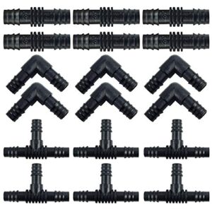 leadrise 18 pieces drip irrigation fittings kit 1/2″ tubing set, 6 tees, 6 couplings, 6 elbows connectors for rain pipe and sprinkler systems