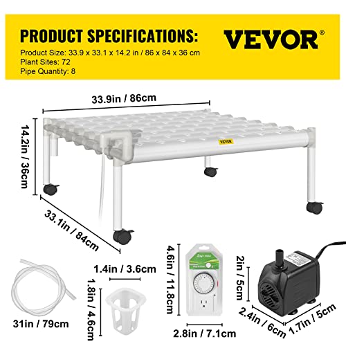 VEVOR Hydroponics Growing System, 72 Sites 8 Food-Grade PVC-U Pipes, 1 Layer Indoor Planting Kit with Water Pump, Timer, Nest Basket, Sponge for Fruits, Vegetables, Herb, White