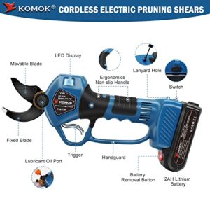 KOMOK Electric Pruning Shear, Cutting Diameter 40mm (1.57 inch), Professional Power Garden Pruners with LED Display, 2Ah Rechargeable Lithium Battery, Working Time 6-8 Hours