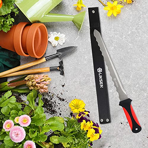 Linsen-outdoors Stainless Steel Garden Knife with 11 Inches Blade, Double Side Utility Sod Cutter Lawn Repair Garden Knife with Nylon Sheath, Red