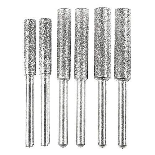 JONMON Burr Grinding Stone File - 6Pcs 3mm Shank 5/32" 3/16" 7/32" Diamond Chainsaw Sharpener Rotary Bit Set Polishing Sharpening Garden Tool for Lawn Mower Chainsaw Parts Garden,120-150 Grit