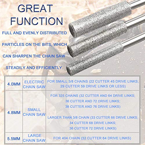 JONMON Burr Grinding Stone File - 6Pcs 3mm Shank 5/32" 3/16" 7/32" Diamond Chainsaw Sharpener Rotary Bit Set Polishing Sharpening Garden Tool for Lawn Mower Chainsaw Parts Garden,120-150 Grit