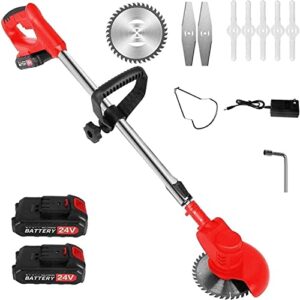 electric cordless weed wacker,24v 2ah battery powered weed eater with 2 batteries and 3 types blades,lightweight and powerful string trimmer for yard and garden(red)