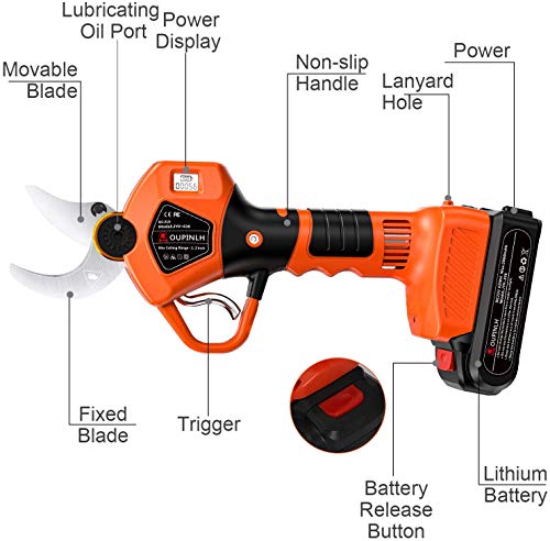 OUPINLH Electric Pruning Shears with 2PCS 21V Lithium Battery 2000mAh,1.2Inch(30mm) Cutting Diameter Cordless Battery Powered Pruner with LCD Display for Garden Branch,6-8 Working Hours