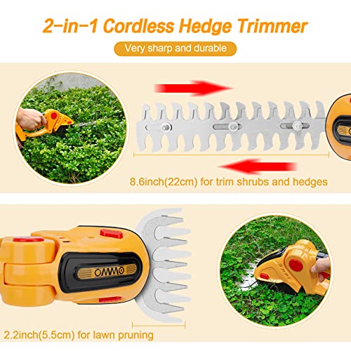 OMMO Hedge Trimmer Cordless 21V, 2-in 1 Handheld Shrub Trimmer, Electric Bush Trimmer for Garden &Lawn Pruning, Rechargeable Lithium Battery